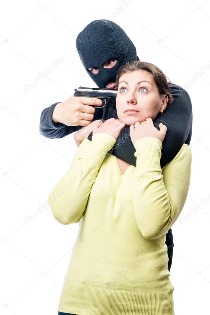 A hostage in the hands of a dangerous criminal who has weapons