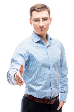 Successful businessman in a shirt extends a hand for greetings o clipart