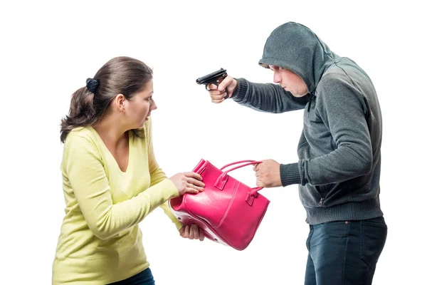 Thief threatens a victim with a gun, steals a bag — Stock Photo, Image