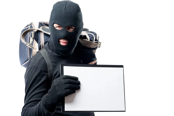 Robber with a large bag shows a form for an inscription — Stock Photo, Image