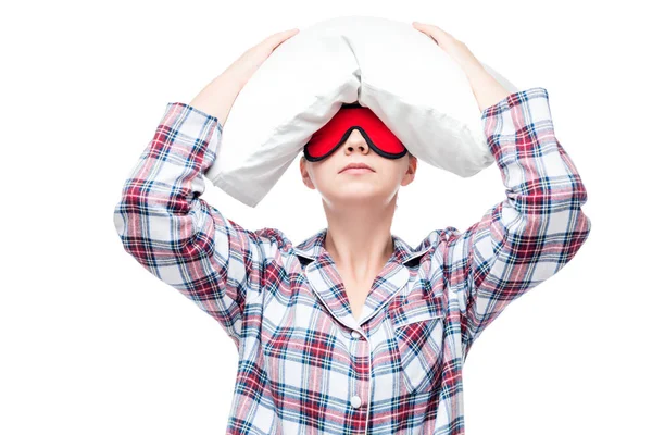 A young woman suffers from insomnia, a portrait with a pillow on — Stock Photo, Image