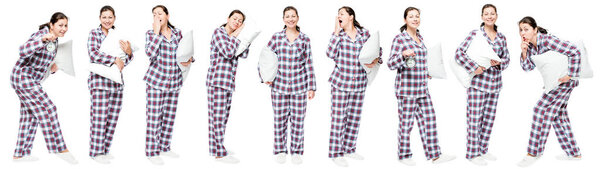 Girl with pillow posing on white background, 9 portraits in full