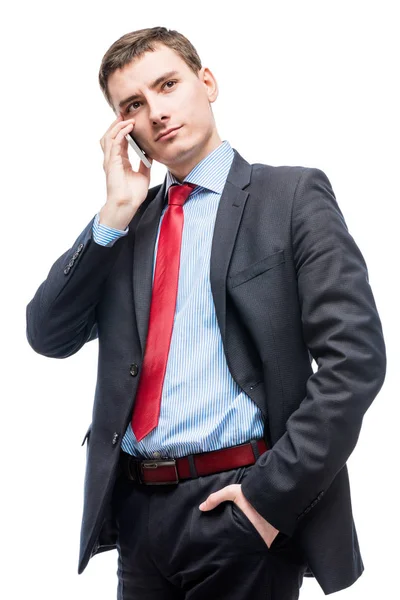 Portrait vertical d'un homme avec un téléphone, un entrepreneur est — Photo