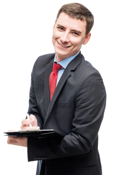 Sonriente feliz hombre de negocios en traje con documentos importantes en wh — Foto de Stock