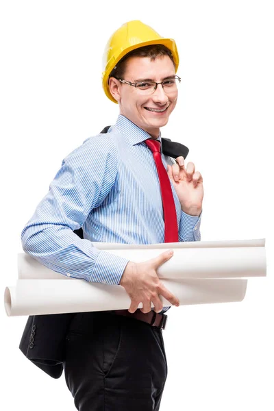 Feliz arquitecto de negocios en casco amarillo con anteproyecto contra —  Fotos de Stock