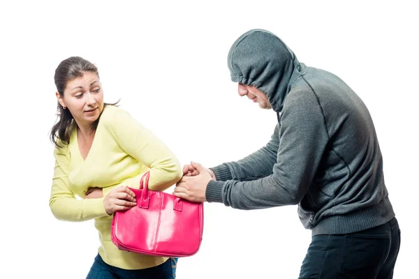 Girl with a pink bag became a victim of a robber, a portrait on — Stock Photo, Image