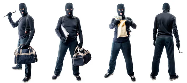 Four full-length portraits of a thief in a mask isolated — Stock Photo, Image