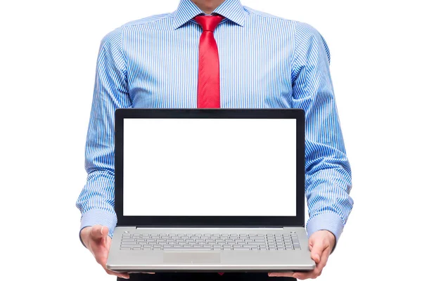 Närbild av en laptop med plats för en inskription i händerna — Stockfoto