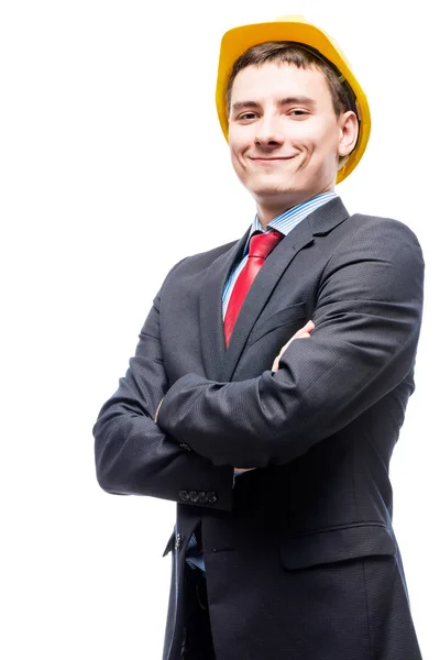 Happy architect in suit and helmet, portrait is isolated — Stock Photo, Image