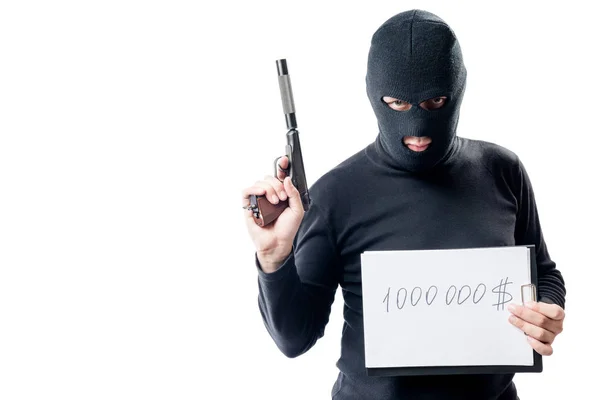 Thief with the weapon shows the sum of the ransom for the hostag — Stock Photo, Image
