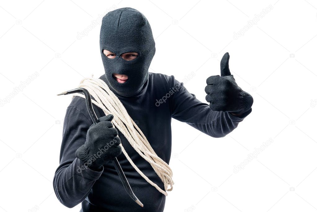 Burglar with rope on white background in studio