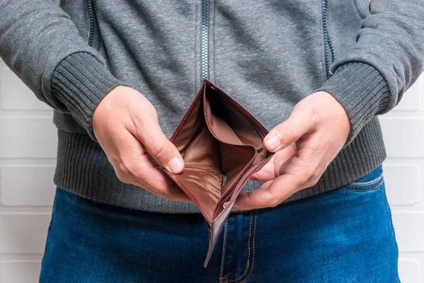 Close-up of empty purse in man's hands — Stock Photo, Image