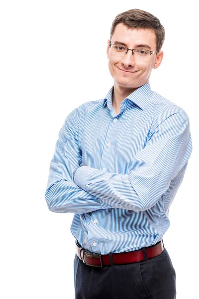 Smiling entrepreneur posing in studio on white background — Stock Photo, Image