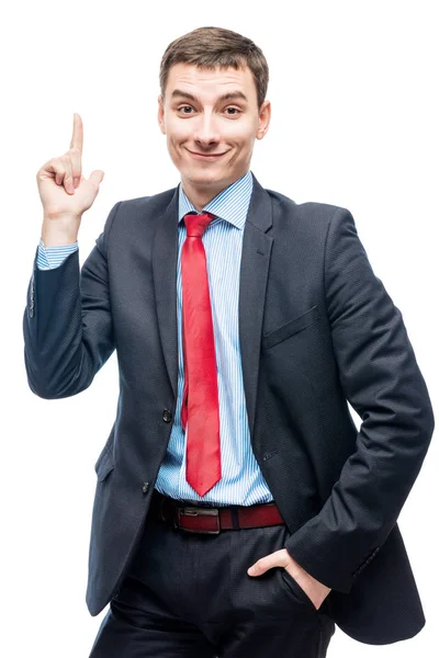 Very good idea! Portrait of a successful businessman with a new — Stock Photo, Image