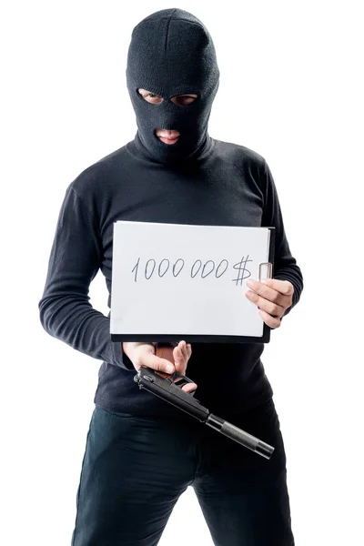 Vertical portrait of the perpetrator with the redemption amount — Stock Photo, Image