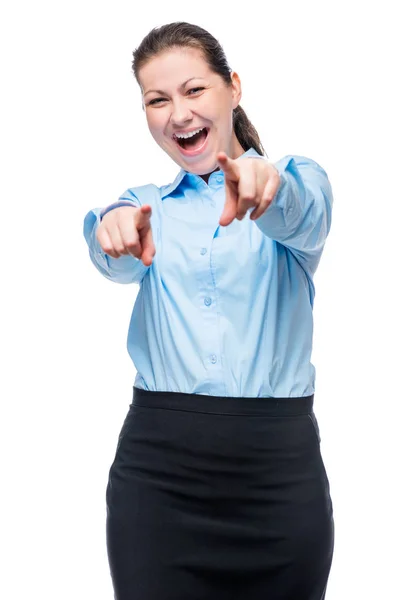 Mujer de éxito emocional en ropa formal de negocios en blanco b — Foto de Stock