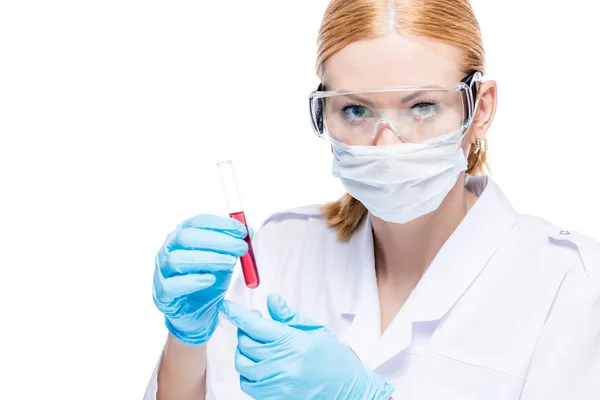 Portrait of a biologist doctor in a mask and glasses with a red — Stock Photo, Image