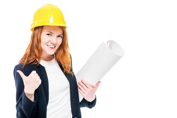 Mujer con dibujo en casco sobre fondo blanco aislado —  Fotos de Stock