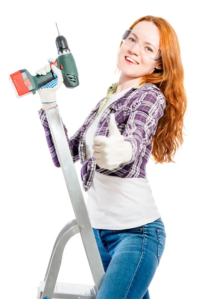 Szczęśliwa młoda kobieta na białym tle narzędzie — Zdjęcie stockowe
