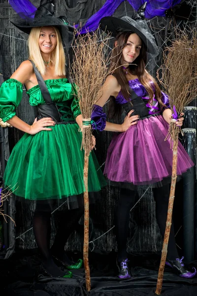 Büyüleyici iki dikey portresi cadı hallowe için süpürgeler — Stok fotoğraf