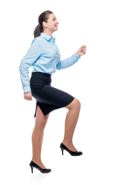 Foto conceitual de uma mulher de negócios na escada de carreira isolar — Fotografia de Stock