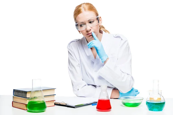 Chemist lab technician thinks about the result of tests in the l — Stock Photo, Image