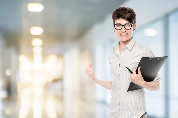 Emotional happy woman with glasses successful in business, portr — Stock Photo, Image