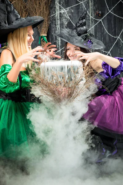Deux joyeux sorcières avec un pot pour une potion, à partir de laquelle la vapeur est p — Photo