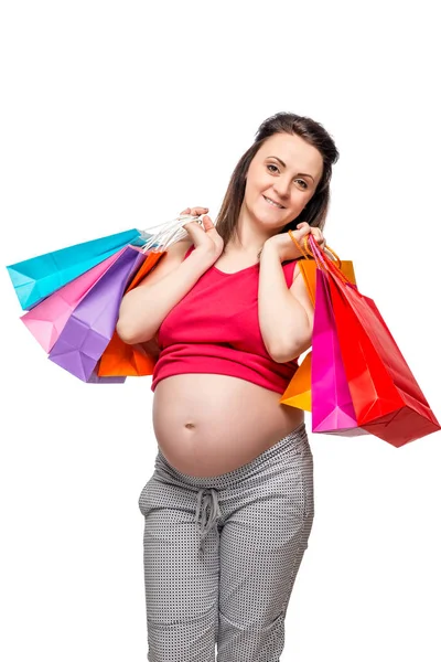 Retrato vertical de una mujer que está embarazada de paquetes en él —  Fotos de Stock