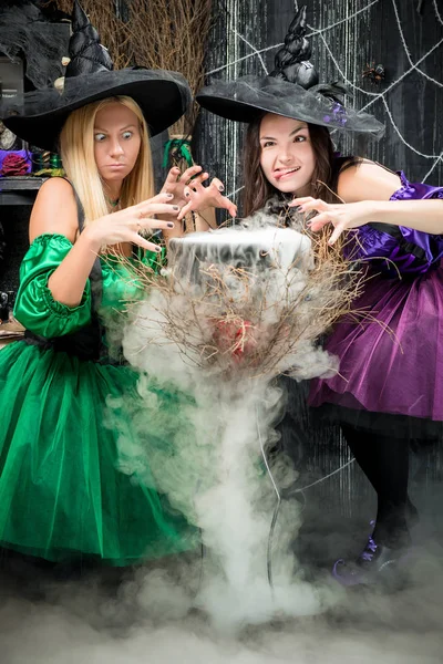 Весёлые ведьмы готовят зелье на Хэллоуин в горшке — стоковое фото