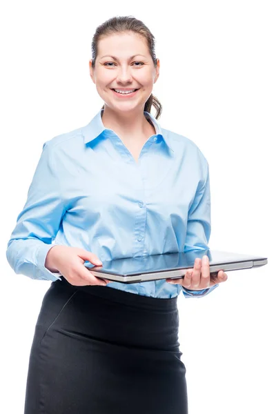Smiling woman with laptop successful in business, portrait on wh — Stock Photo, Image