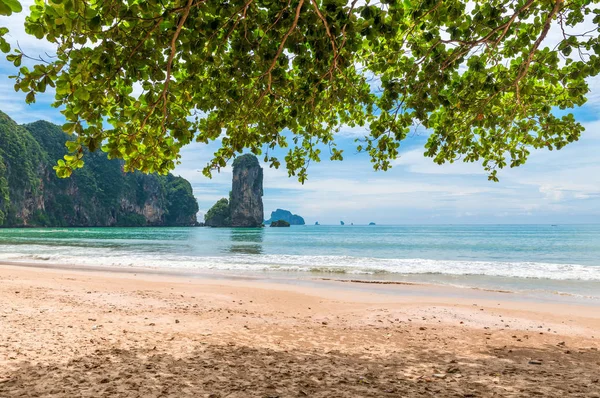 Sea waves and sandy beach, beautiful rock. View from under the f — Stock Photo, Image