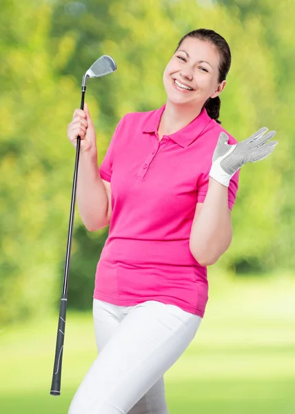 Emotionele meisje gelukkig na een spelletje golf op een achtergrond van gol — Stockfoto
