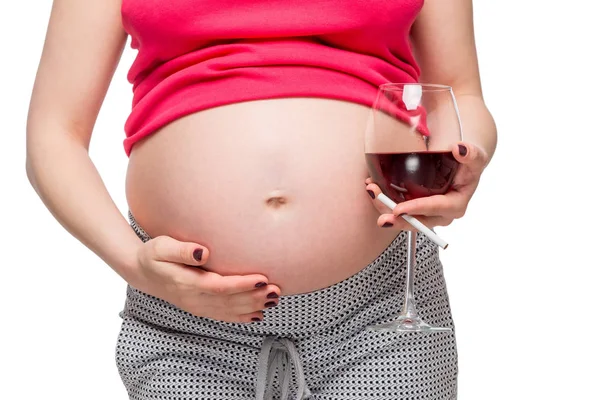 Frau mit schlechten Gewohnheiten wartet auf Baby, Bauch in Großaufnahme isoliert — Stockfoto