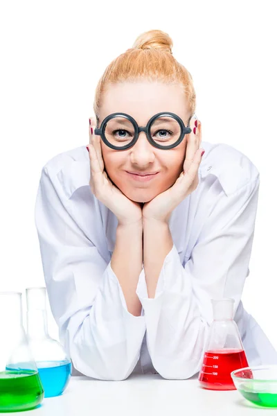 Vertical portrait of blond doctor chemist with test tubes on whi — Stock Photo, Image