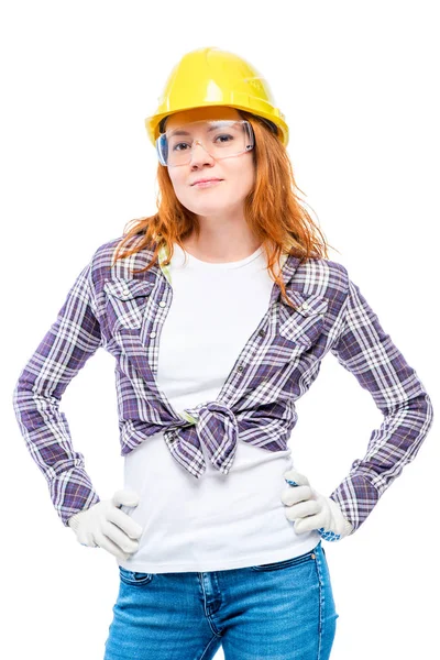 Portrait vertical d'une femme portant un casque et des gants jaunes — Photo