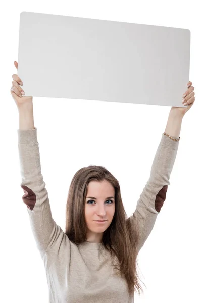 Chica con un cartel para escribir sobre un fondo blanco aislado — Foto de Stock
