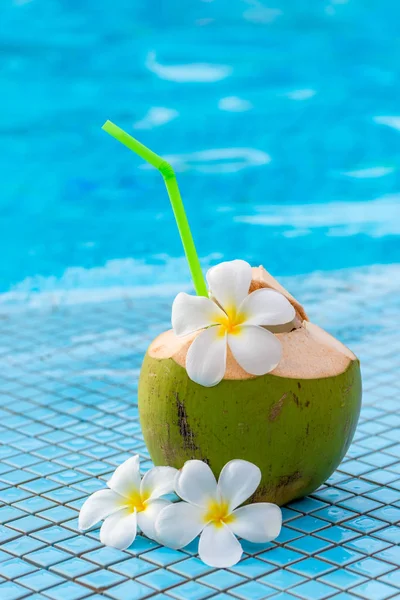 Coconut with straw and white flowers frangipani on the edge of t — Stock Photo, Image