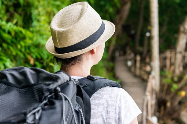 Турист на отдыхе с большим рюкзаком вид назад — стоковое фото