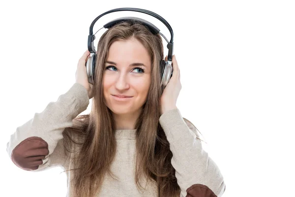 Retrato horizontal de menina com fones de ouvido isolados no wh — Fotografia de Stock