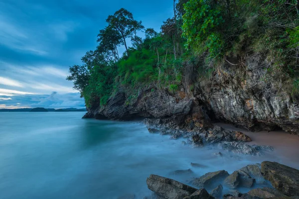 Roca cubierta de árboles al atardecer en el borde del mar close-u —  Fotos de Stock