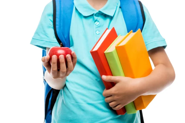 Piros lédús alma közelről a kezében az iskolás — Stock Fotó