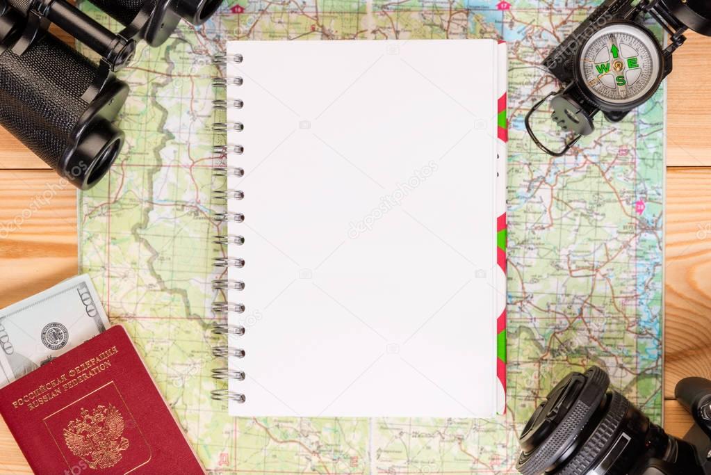 objects for travel, a notepad for entries from above