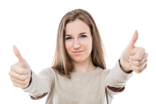 Happy satisfied girl showing hand gesture okay isolated — Stock Photo, Image