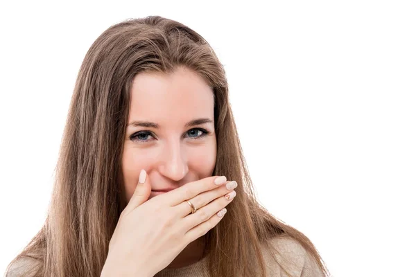 Retrato de una joven con un mal olor de su boca en un wh — Foto de Stock