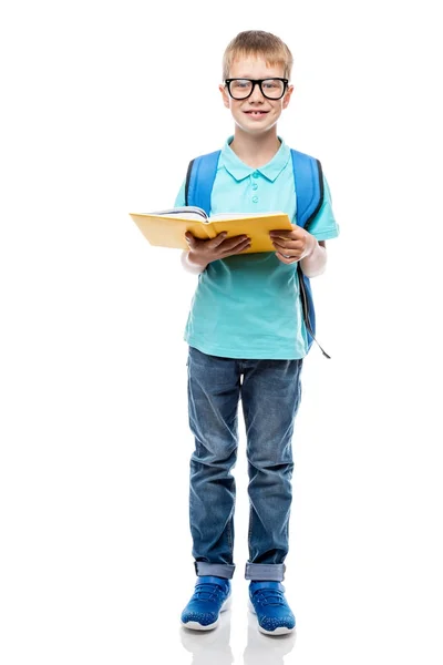 Sorridente scolaro con zaino e libro in posa contro bianco ba — Foto Stock