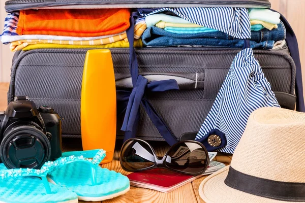 şık kadınsal bir tatil için deniz üzerinde bir suitcas yaz