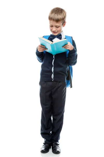 Retrato vertical de um estudante com um livro didático de comprimento completo iso — Fotografia de Stock