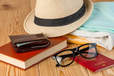 ilginç bir kitap, gözlük, hasır şapka, para ve elbise - bir