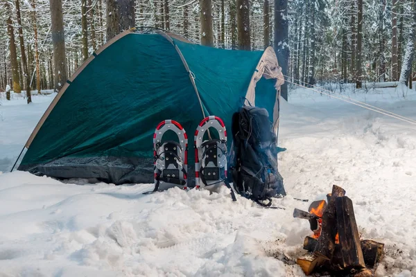 A campfire near a tent in a winter camping in the forest — Stock Photo, Image